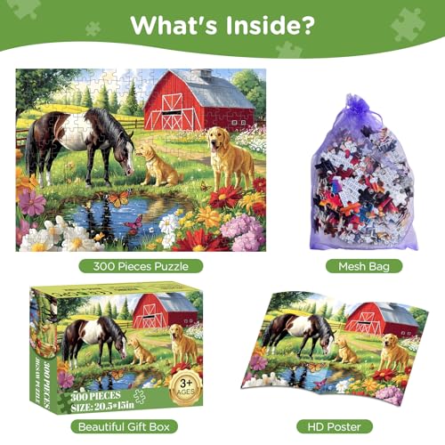 300 Piece Puzzle for Adults, Golden Retriever Horse on Farm Scenic Landscape Jigsaw Puzzle, Jigsaw Puzzles for Adult 300 Piece, Challenging Yet Relaxing 300 Pieces Puzzle Game for Kids Adults Seniors - style: Horse