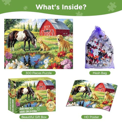300 Piece Puzzle for Adults, Golden Retriever Horse on Farm Scenic Landscape Jigsaw Puzzle, Jigsaw Puzzles for Adult 300 Piece, Challenging Yet Relaxing 300 Pieces Puzzle Game for Kids Adults Seniors - style: Horse