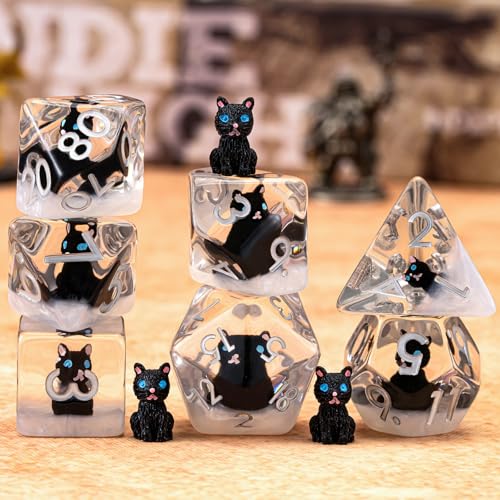 Resin D&D Dice Set, Polyhedral Black Cat Dice for Dungeons and Dragons Role Playing Games (D20, D12, D10, D8, D6, D4) for Ages 15 and Up - color: Black Cat2