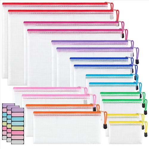 JARLINK 18 Pcs Mesh Zipper Pouch Bags, 8 Sizes Waterproof Zipper Bags | Multi-use Travel Bags for Office, School, Board Game, Puzzles, Cosmetics, Travel Accessories, and Home Organization, 9 colors - style: 18pcs