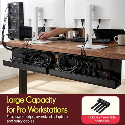 Pyle 2-Pack 17" Under Desk Cable Management Tray, Under Desk Cable Organizer with Adhesive Mount, Wire Management Under Desk for Home Office & Gaming Setup, Durable Plastic, 20 lb Capacity, Black