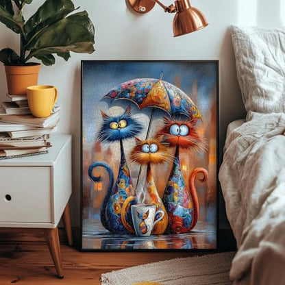 Cat Jigsaw Puzzles 1000 Pieces, PICKFORU Funny Kitten Puzzle for Adults Umbrella, Hard Cute Animal Art Theme as Home Decor