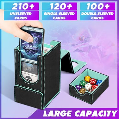 Card Deck Box for MTG Commander, Fits 100+ Double-Sleeved Cards Card Case | with Detachable Dice Tray, 2 Dividers, Removable lid, Trading Card Storage Box, Sturdy and Durable, Fits TCG/PTCG/Sports Card - color: Black and Cyan