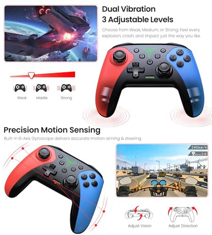 Wireless Switch Controller for Nintendo Switch/Switch 2/Lite/OLED Controller, Switch Controller with a Mouse Touch Feeling on Back Buttons, Extra Switch Pro Controller with Wake-up,Programmable, Turbo Function - color: Red+Blue