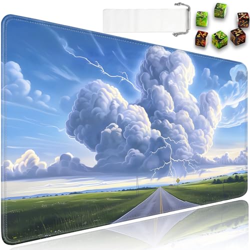 for MTG Playmat + Drawstring Travel Pouch + 6 Dice Counter, for Tabletop Trading Card Game Playmats or Mouse Pad, Anti-Slip Rubber 24 x 14 in, White Clouds, Road View for TCG Playmat (No with Zone) - color: JV-Playmat-6-1-I239