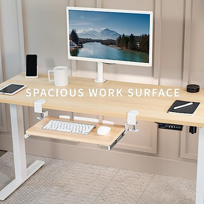 VIVO Small Clamp-on Computer Keyboard and Mouse Under Desk Slider Tray, 20 x 11 inch Pull Out Platform Drawer, Light Wood, MOUNT-KB05ES-A | Keyboard Tray for Typing, Slide Out Platform, Extra Sturdy C-Clamp Mount System, Computer Drawer, White Frame - col