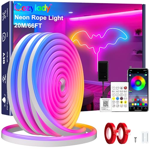 Cozylady RGB Neon Light LED Rope Light,Waterproof Bluetooth APP Remote Control Music Sync Strip Light,24V Flexible DIY Silicone Light for Bedroom Home Indoor Outdoor Decoration - size: 66ft/20M
