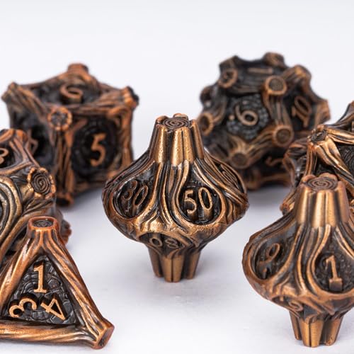 Metal Dice Set D&D 7PCS Metal DND Dice Set Golden for Tabletop Games | Leather Storage Bag, DM Gift, for Dungeons and Dragons Role Playing Games - color: Metal Tree-agolden