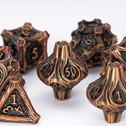 Metal Dice Set D&D 7PCS Metal DND Dice Set Golden for Tabletop Games | Leather Storage Bag, DM Gift, for Dungeons and Dragons Role Playing Games - color: Metal Tree-agolden