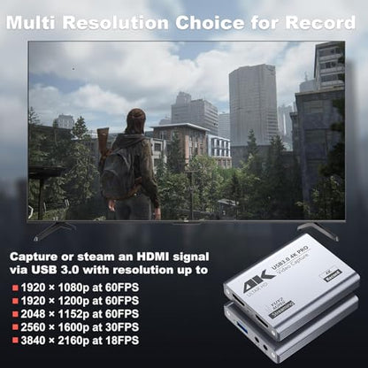 USB 3.0 4K Video Capture Card for PS5/Switch/Xbox/PC | 1080P60Hz/2K30Hz/4K18Hz Capture, 4K60Hz HDMI Loop-Out, High-Speed Interface, OBS Compatible, Near-Zero Latency, Plug & Play