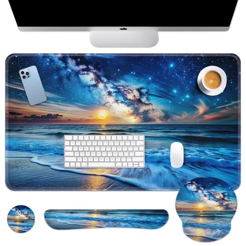 Britimes Blue Sea and Starry Sky Keyboard Mouse Pad Set 4in1 Large Mousepad+Keyboard Wrist Rest+Mouse Wrist Rest+Coaster Set with Ergonomic Design for Home Office Computer 35.4x15.7 inches - color: Blue Sea and Starry Sky