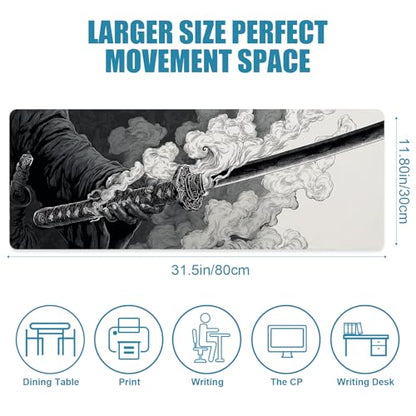 Gaming Large Mouse Pad, Japanese Samurai Sword Desk Mat, Big Mousepad Non-Slip XL Extended Laptop Computer Keyboard Mat for Gamers, Office&Home, 31.5x11.8in, Black and White - color: Sword