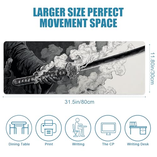Gaming Large Mouse Pad, Japanese Samurai Sword Desk Mat, Big Mousepad Non-Slip XL Extended Laptop Computer Keyboard Mat for Gamers, Office&Home, 31.5x11.8in, Black and White - color: Sword