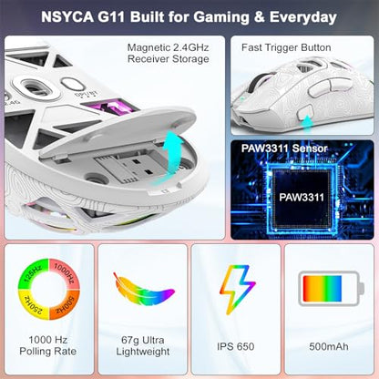 G11 RGB Wireless Gaming Mouse for Gaming Setup & Multi-Device Use, Tri-Mode Bluetooth 5.1/2.4GHz/USB-C, 22000 DPI Lightweight Programmable Mouse for PC, Laptop & Mac - color: Line White