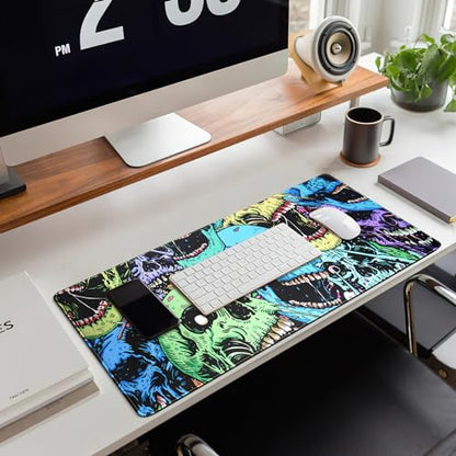 Colorful Skulls Desk Mat Large Gaming Mouse Pad XL Extended Mousepad Desk Pad Big Keyboard Pad Desktop Mouse Mat 31.5''x11.8'' Deskmat for Gamers with Stitched Edges Non-Slip Rubber Base - color: Colorful Skulls