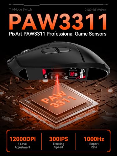 FMOUSE Wireless Gaming Mouse, PAW3311 Sensor, 12,000 DPI, 1,000Hz, Tri Mode (2.4G/Bluetooth/Wired), Ergonomic, USB C Rechargeable, 6 Programmable Buttons, Side Keys Mice for PC/Laptop/Mac (Black)