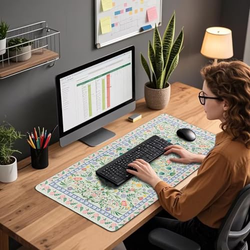 Green Floral Desk Mat Large Mouse Pad 31.5"x15.7" Non-Slip | Extended Mousepad, Non-Slip Rubber Base , Stitched Edges, for Computer/Laptop/Office/Home - color: Green Floral