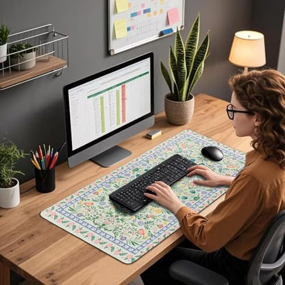 Green Floral Desk Mat Large Mouse Pad 31.5"x15.7" Non-Slip | Extended Mousepad, Non-Slip Rubber Base , Stitched Edges, for Computer/Laptop/Office/Home - color: Green Floral
