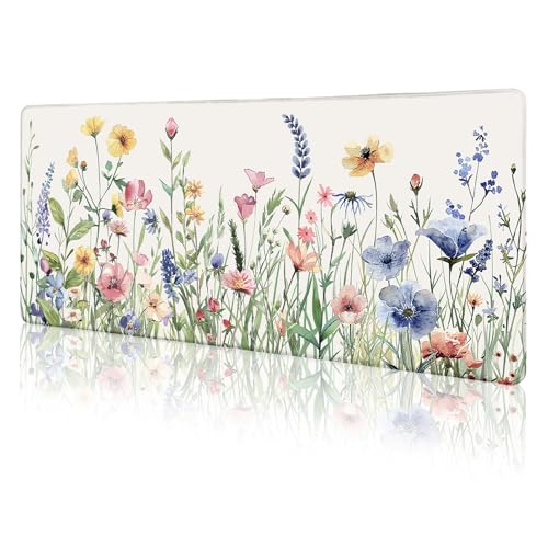 LIMKRIAN Flower Mouse Pad Large Desk Mat for Keyboard Mouse, 31.5x11.8 in | Stitched Edges, Non-Slip, XL Computer Mousepad For Desktop Laptop Gaming, Cute Floral Office Supplies Desk Accessories Decor - color: Beautiful Wild Flower