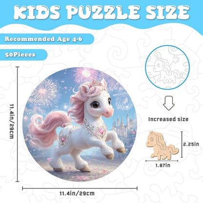 Animal Wooden Puzzles for Kids - Fairy Pony (11.4 * 11.4 in) | 50 Piece Puzzles for Kids Ages 6-8, Kids Puzzles with Unique Animal Shapes, Round Gift for Girls and Boys - color: Fairy Pony