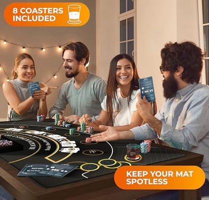 Newverest Blackjack Mat 70" x 35", Blackjack Table Top for Home Game Nights with Friends | Black Jack Casino Table Topper, Poker Mat Layout in Zipper Storage Bag with 8 Coasters in Gift-Ready Box - color: Golden Black