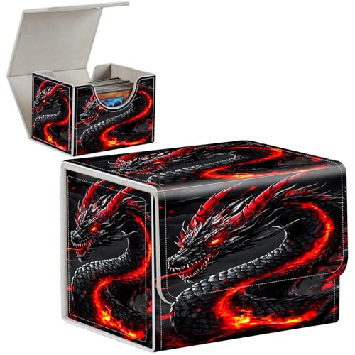 PU Leather Deck Box for MTG Commander Cards, Fits 100+ Double Sleeved Cards, Secure Magnetic Trading Card Storage Case for TCG CCG,Fiery Black Dragon - color: Fiery Black Dragon
