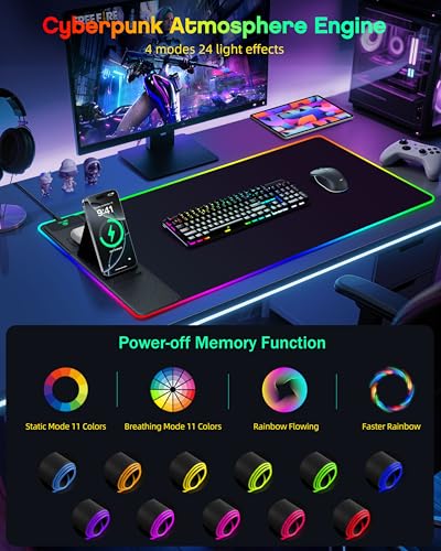 Wireless Charging Mouse Pad with Phone Stand, 31.5"x15.8" Large | Gaming Mousepad RGB Desk Mat, Smooth Glide, Stitched Edge, Non-Slip Rubber Base, Waterproof Keyboard Mat, No Adatper - color: RGB-Stand