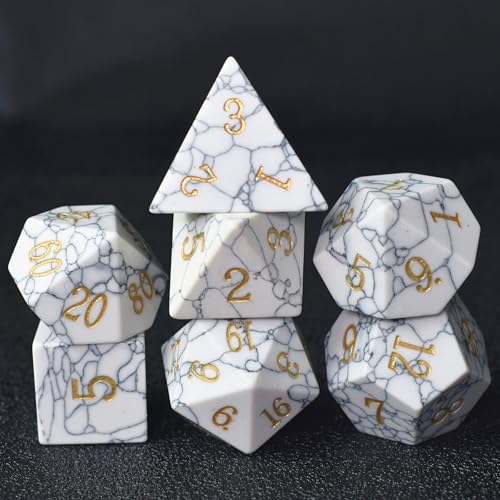 Natural Gemstone DND Dice Set,7 Pcs Handmade Stone Dice Polyhedral D&D Gem Dice with Gift Box for Dungeons and Dragons MTG Role Playing Games - color: Howlite