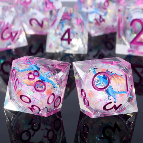 DNDND Blue Dragon Dice with Pink Numbers | Liquid Core 7-Piece Sharp Edge D&D Dice Set | Dragon Themed Collectible Metal Case | RPG Tabletop Gaming Gift - color: Liquid Dragon Ancient