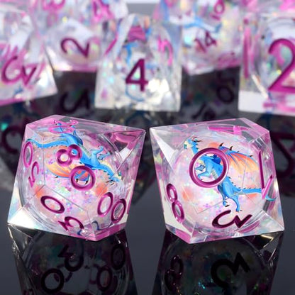 DNDND Blue Dragon Dice with Pink Numbers | Liquid Core 7-Piece Sharp Edge D&D Dice Set | Dragon Themed Collectible Metal Case | RPG Tabletop Gaming Gift - color: Liquid Dragon Ancient