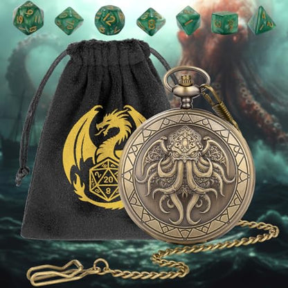 Cthulhu Theme Pocket Watch Dice Set, DND Mystery Dice for RPG COC Pathfinder, DND Starter Set, 7pcs Green Small Polyhedral Acrylic Dice, Fantasy Gifts for Cthulhu Fans, Birthday Gift for Men - color: Cthulhu Theme