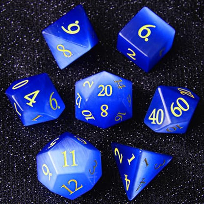 Dark Blue Cat's Eye Crystal DND Dice Set 7 PCS Gemstone Suitable for Dungeons and Dragons D & D RPG Games - color: Dark Blue Cat Eye