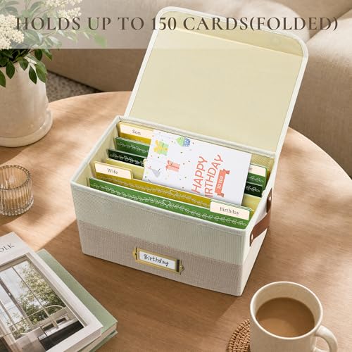 Vienrose Greeting Card Organizer Box, Foldable Storage Box with 20 Removable Dividers and 84 Self-Adhesive Labels, Card Box for Greeting Cards Photos Envelopes Stickers Postcards, Beige & Khaki - color: Beige & Khaki