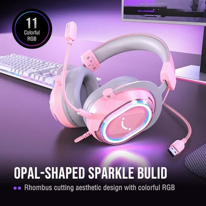 FIFINE AmpliGame H13P Wired RGB Gaming Headset for PC, Mac, PS4, PS5 | 50mm Drivers, 7.1 Surround Sound, Solid Metal Frame, AI Noise Canceling Mic, Game/chat Balance, for gaming/streaming - color: Pink
