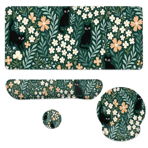 Cat Mouse Pad Set Cute Black Cats Floral Garden Gaming Mousepad 4in1 Desk Mat for Desktop Anti-Slip XXL Big Computer Ergonomic Mousepad with Wrist Support for Keyboard and Mouse - color: Cat, size: 35.4L x 15.7W inches