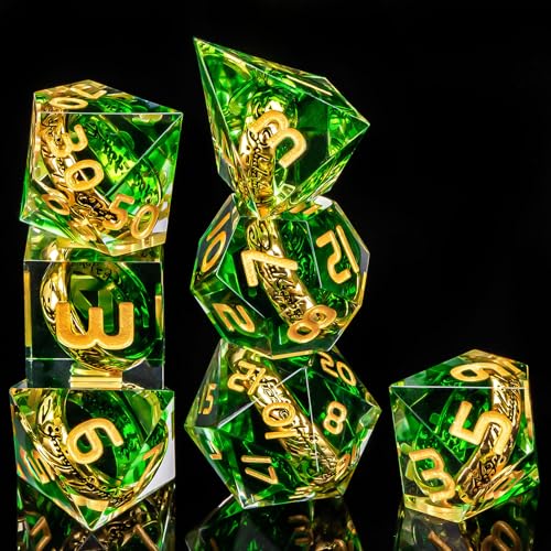 OUKELANWO Magic Lord Rings DND Dice Set with Box, 7Pcs Resin LOTR D&D Dice Set for Role Playing Game, Green Gold Dungeons Dragons D and D Sharp Edge Dice D20 D12 D10 D8 D6 D4 - color: Green