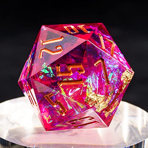 Cusdie Single D20 DND Dice with Sharp Edges and Glitter Foil Inclusions, 20 Sided D&D Dice, 33mm Handcrafted, for Role Playing Game(Rose Red/B) - color: Rose Red