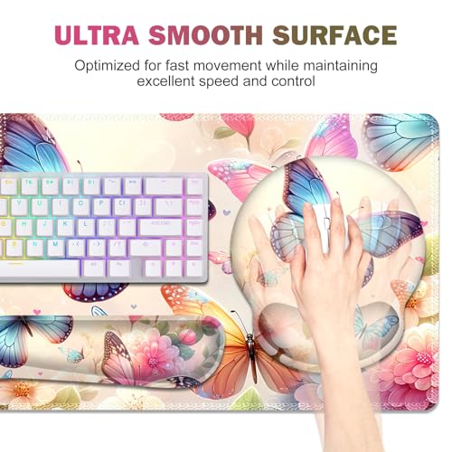Gaming Mouse Pad, Large Desk Mat, 4in1 XXL Mousepad Cute Desk Pad Protector | Keyboard Wrist Rest+Mouse Wrist Rest+Coaster Set with Ergonomic Desk Pad for Home Office PC Computer, Butterflies Flowers - color: Butterflies Flowers