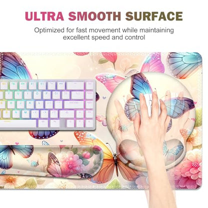 Gaming Mouse Pad, Large Desk Mat, 4in1 XXL Mousepad Cute Desk Pad Protector | Keyboard Wrist Rest+Mouse Wrist Rest+Coaster Set with Ergonomic Desk Pad for Home Office PC Computer, Butterflies Flowers - color: Butterflies Flowers