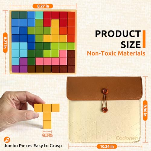 Wooden Memory Matching Game for Adults with Dementia, 13 Pieces | 20 Double-Sided Cards, 40 Patterns, 3 Levels, 8.27 x 8.27 in Board, Easy-Grip Sanded Tiles, Divided Storage Bag