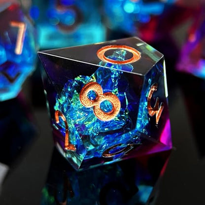 HAOMEJA 7pcs Sharp Edge Resin Dice Set, Handmade Polyhedral Dice with Glitter & Galaxy Effect Apply to DND, D&D, RPG, MTG Tabletop Games, Role Playing Game, Easter, Halloween Party Gift (Blue Red) - color: T Blue Red