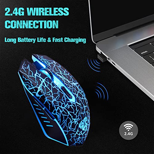 VEGCOO C10 Wireless Gaming Mouse Rechargeable Silent Optical Mice 7 Colors LED Lights, 7 Buttons 2400/1600/800DPI (Black) - color: black