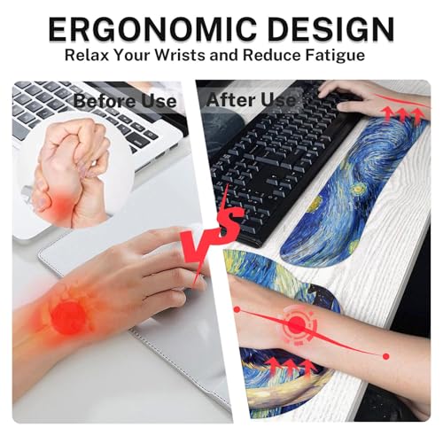 Arttown Keyboard Mouse Pad Set, 4 in 1 Desk Mat Set Cat Moon | Star Blue Large Mousepad+Keyboard Wrist Rest+Mouse Wrist Rest+Coaster Ergonomic Design for Home Office Computer - color: Cat Moon
