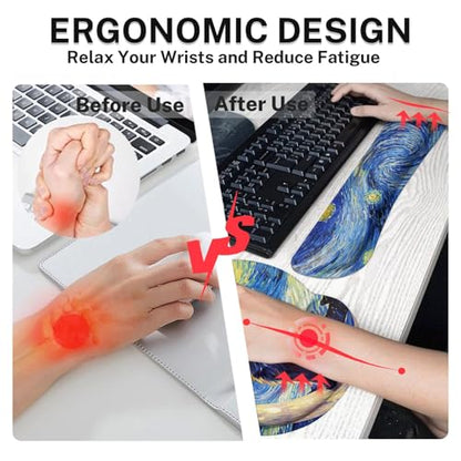 Arttown Keyboard Mouse Pad Set, 4 in 1 Desk Mat Set Cat Moon | Star Blue Large Mousepad+Keyboard Wrist Rest+Mouse Wrist Rest+Coaster Ergonomic Design for Home Office Computer - color: Cat Moon