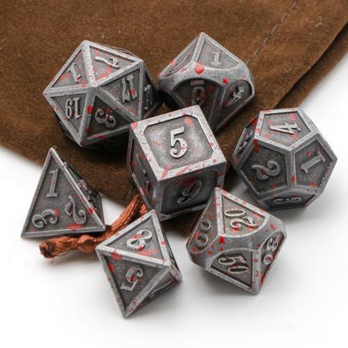Metal Polyhedral DND Dice Set,7-Piece Solid Metal RPG Dice for Tabletop Gaming (Silver Blood) - color: Silverblood