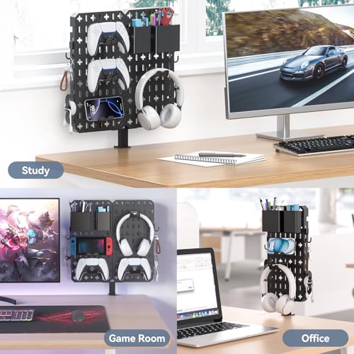 KDD 7 in 1 Clamp-on Desk Pegboard - No Drill Desk Side Storage with Phone Stand/Pen Holder/Storage Box/Headset & Controller Holder/Hooks, Detachable Gaming Pegboard for Office & Home Desktop Organizer