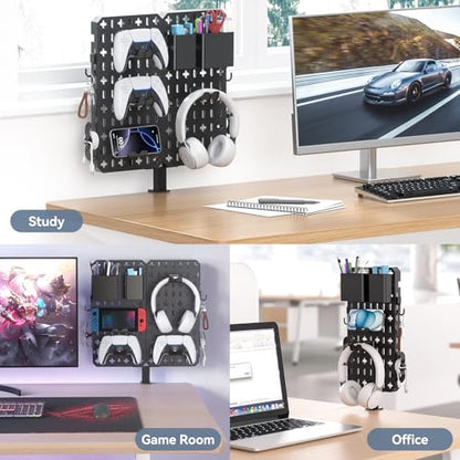 KDD 7 in 1 Clamp-on Desk Pegboard - No Drill Desk Side Storage with Phone Stand/Pen Holder/Storage Box/Headset & Controller Holder/Hooks, Detachable Gaming Pegboard for Office & Home Desktop Organizer
