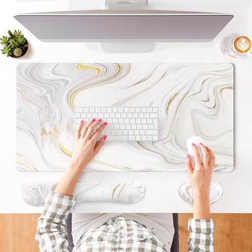 QIYI PU Leather Desk Mat Set, 4-in-1 Ergonomic Wrist Rest, White Marble | Waterproof Large Mouse Pad 31.5×15.7 + Keyboard Wrist Rest + Mouse Wrist Support+Coaster, Non-Slip Office Gaming Accessories - color: Gray White Marble