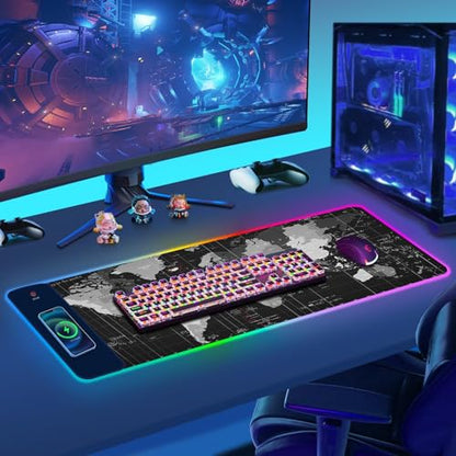 ToLuLu Wireless Charging RGB Gaming Mouse Pad, 15W Mouse Mat w/ 30W Charger | 14 Light Modes LED Large Mousepad with Wrist Support, Non-Slip Rubber Base Desk Mat Computer PC Keyboard Pad World Map - color: World Map