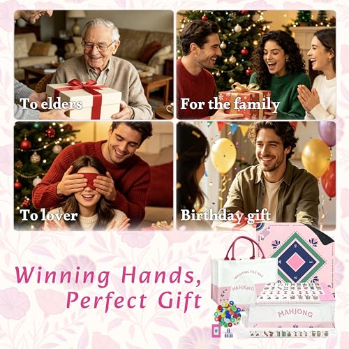 American Mahjong Game Set Complete with 166 Pink Tiles, Noise Reducing Mat, 4 All-in-One Rack/Pushers, Pink Bag & Accessories - Suitable for Adults and Beginners
